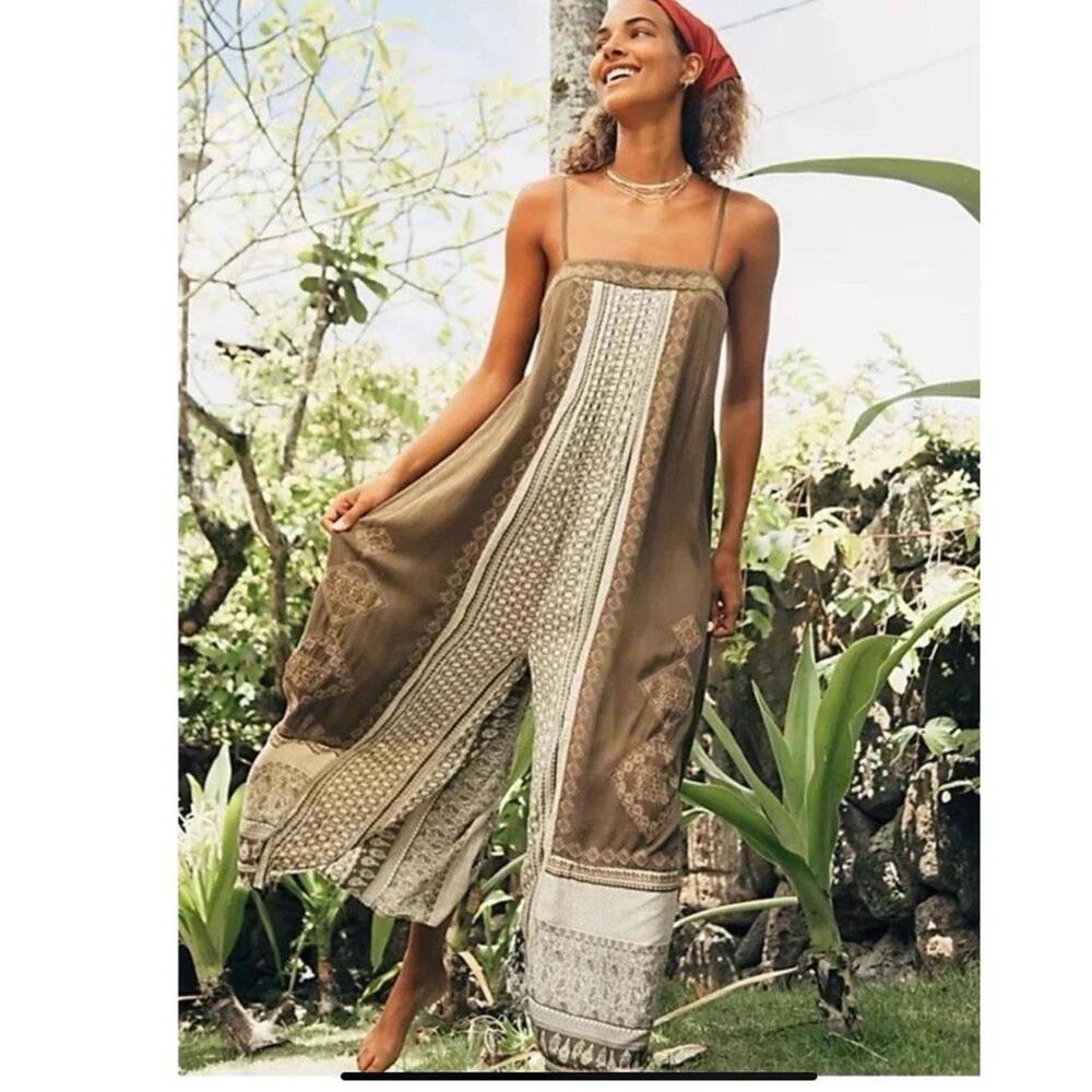 Free People Brown and Cream Printed Strap Jumpsuit
